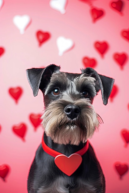 Generative KI-Illustration einer Schnauzer-Hundekarte mit Herzen und Blumen im Hintergrund für das Valentinstag-Liebeskonzept