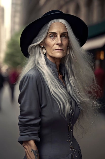 Generative KI-Illustration einer schönen 60-jährigen Frau mit grauen Haaren auf den Straßen von New York