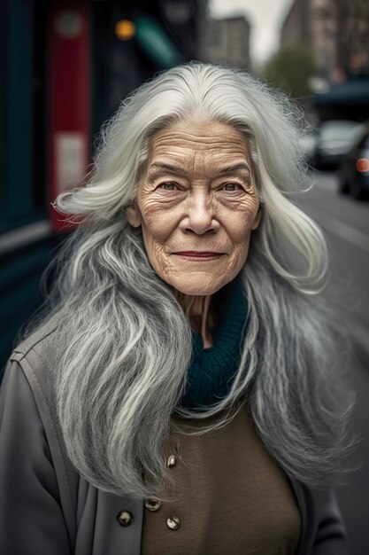 Generative KI-Illustration einer schönen 60-jährigen Frau mit grauen Haaren auf den Straßen von New York