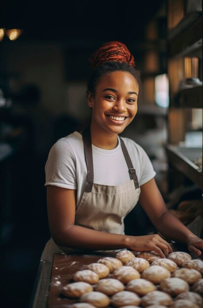 Generative KI-Illustration einer schönen schwarzen Frau, die in einem Bäckereiofen arbeitet