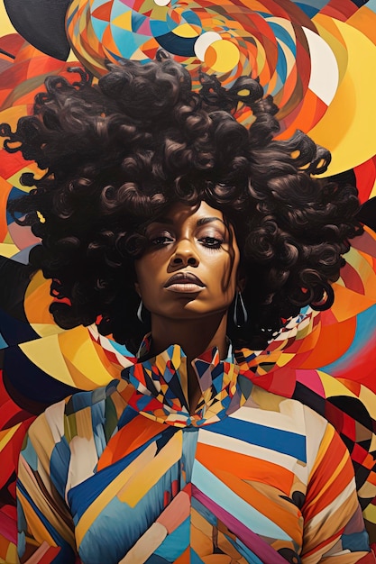 Generative KI-Illustration einer schönen schwarzen Frau mit Hintergrund aus lebendigen Farben und geometrischen FormenIllustrationsstilDigitale Kunst