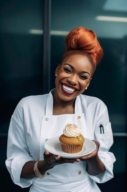 Generative KI-Illustration einer schönen schwarzen jungen Frau, die als Köchin gekleidet ist und Essen in ihrer Hand zeigt