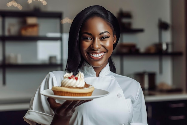 Generative KI-Illustration einer schönen schwarzen jungen Frau, die als Köchin gekleidet ist und Essen in ihrer Hand zeigt