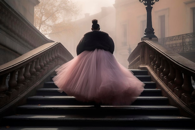 Generative KI-Illustration einer schönen und glücklichen schwarzen Frau in Übergröße, die mit einem rosa Tüllrock die Straße entlang geht