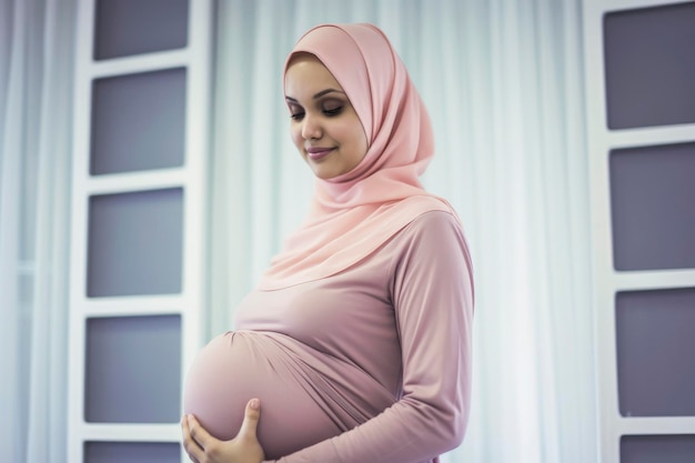 Generative KI-Illustration einer schwangeren muslimischen jungen Frau im Krankenhauszimmer