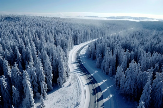 Generative KI-Illustration einer Straße mit vielen Kurven durch einen Wald aus verschneiten Bäumen im winterlichen Kältekonzept