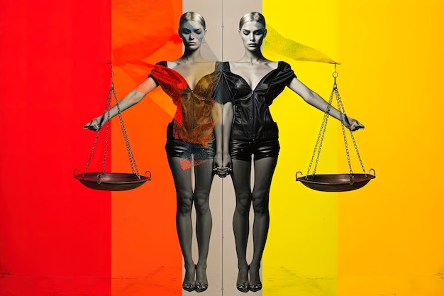 Generative KI-Illustration einer surrealen minimalistischen Illustration eines allegorischen Paares, Lesben hielten das Gleichgewicht der Gerechtigkeit, Pop-Art, LGBT-Farben, Hintergrund, digitale Kunst