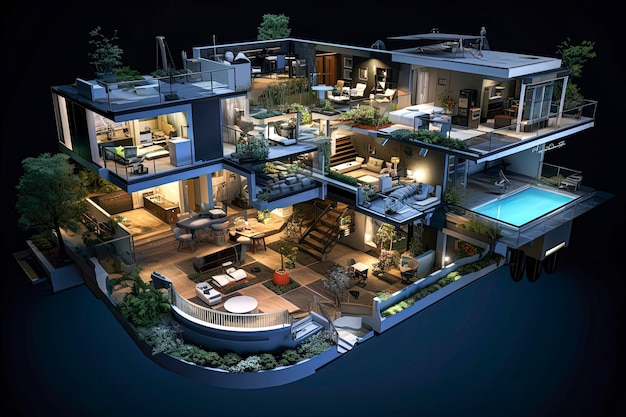 Generative KI-Illustration eines 3D-isometrischen luxuriösen futuristischen Hauses im Metaverse