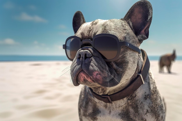 Generative KI-Illustration eines Bulldoggenhundes, der im Urlaub mit Sonnenbrille im Sand am Strand sitzt