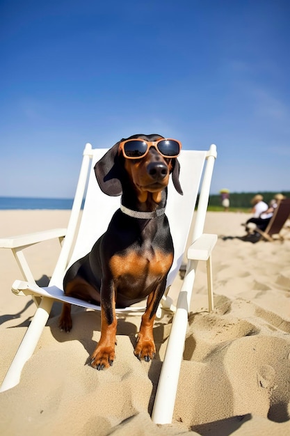 Generative KI-Illustration eines Dackelhundes mit Sonnenbrille im Urlaub, der in einer Hängematte sitzt