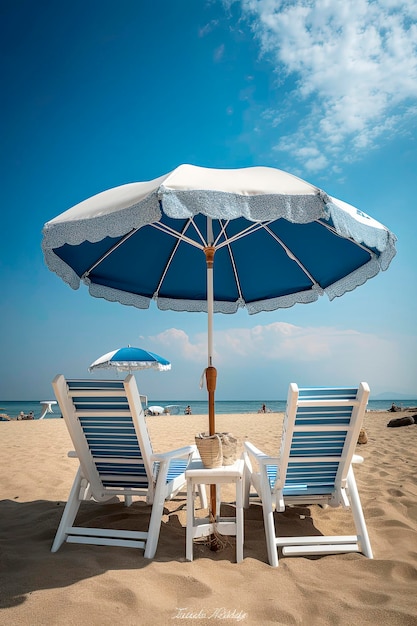 Generative KI-Illustration eines einsamen Sonnenschirms am Strand mit Tisch im Sand und zwei Stühlen