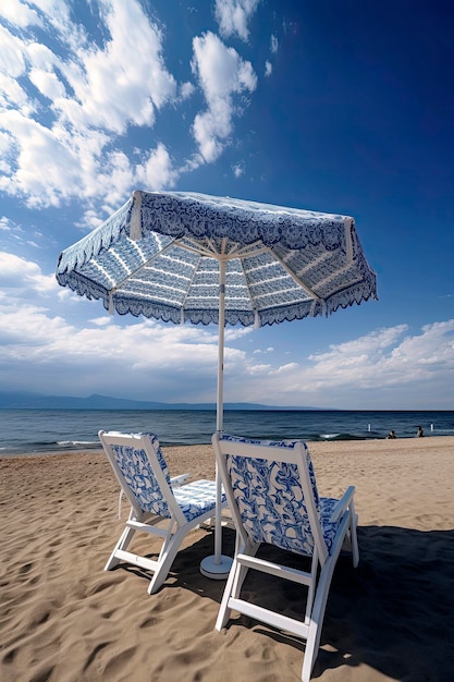 Generative KI-Illustration eines einsamen Sonnenschirms am Strand mit Tisch im Sand und zwei Stühlen