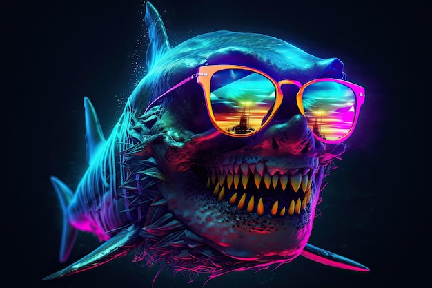 Generative KI-Illustration eines gruseligen Hai-Charakters mit Sonnenbrille und Neonfarben