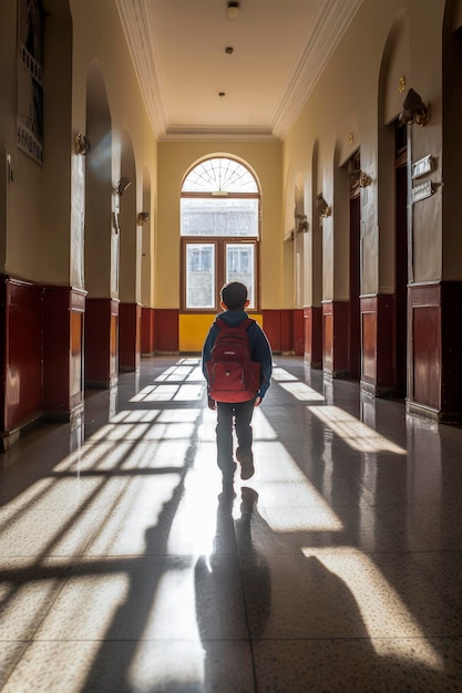 Generative KI-Illustration eines Jungen, der allein und auf dem Rücken einen Rucksack trägt und das Klassenzimmer betritt