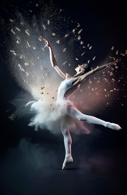 Generative KI-Illustration eines jungen und schönen Mädchens, das klassisches Ballett auf einer Bühne tanzt, umgeben von farbigen Pulvern