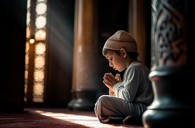 Generative KI-Illustration eines kleinen muslimischen Jungen spielt im muslimischen Stil in einer arabischen Moschee mit Lichtstrahlen, die durch ein Fenster kommen