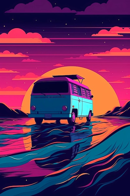 Generative KI-Illustration eines Lieferwagens, der bei Sonnenuntergang am Strand sitzt, im Retrowave-Stil