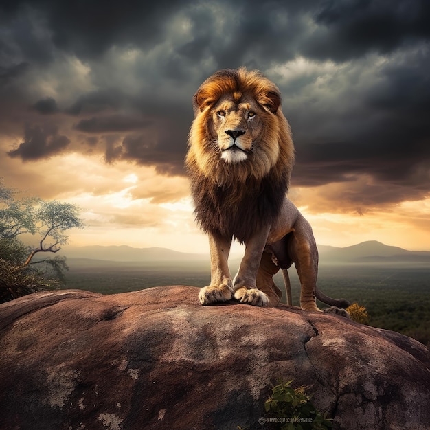 Generative KI-Illustration eines majestätischen afrikanischen Löwen auf einer Klippe