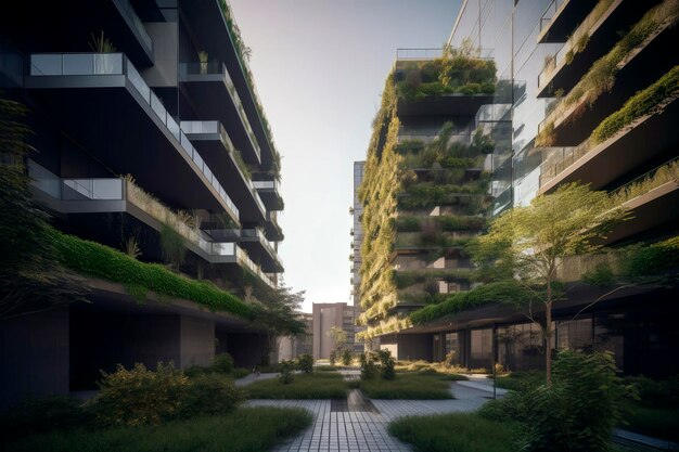 Generative KI-Illustration eines nachhaltigen Gebäudes mit vertikalem Garten aus recyceltem Material