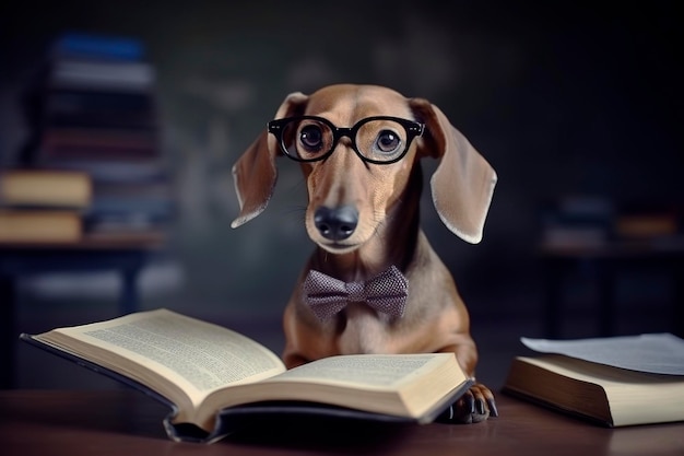 Generative KI-Illustration eines niedlichen Dackelhundes mit Brille und einem Buch, das in der Schule lernt