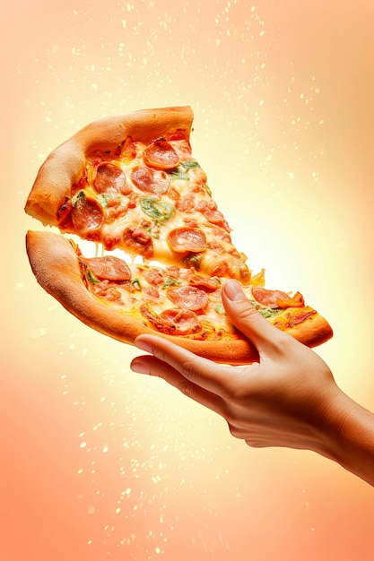 Generative KI-Illustration eines Pizzastücks mit geschmolzenem Käse, das von einer Hand auf buntem Hintergrund gehalten wird