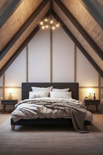 Generative KI-Illustration eines Schlafzimmers auf einem Dachboden mit recycelten Möbeln und nachhaltigen Materialien Innenarchitektur