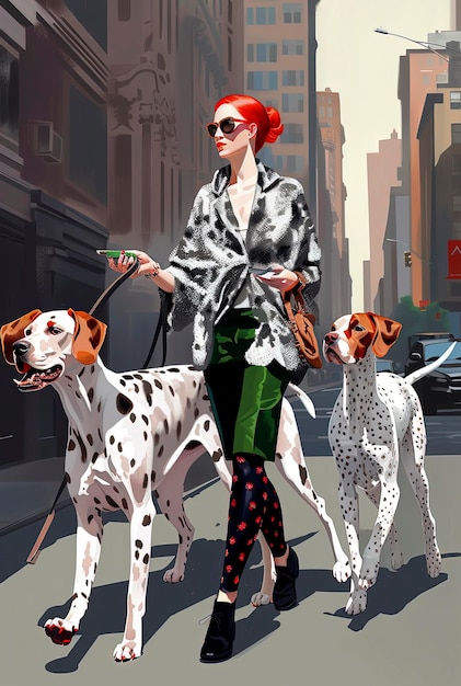 Generative KI-Illustration eines schönen 20-jährigen rothaarigen Mädchens, das modisch gekleidet auf den Straßen von New York mit mehreren Hunden der Dalmata-Rasse spazieren geht