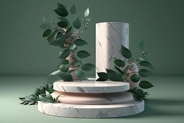 Generative KI-Illustration eines Sockels aus weißem Marmor mit grünen Blättern darauf
