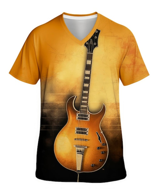 Generative KI-Illustration eines T-Shirts mit goldenem Hintergrund von oben gesehen, mit aufgedrucktem Bild auf der Vorderseite einer Gitarre