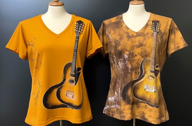 Generative KI-Illustration eines T-Shirts mit goldenem Hintergrund von oben gesehen, mit aufgedrucktem Bild auf der Vorderseite einer Gitarre