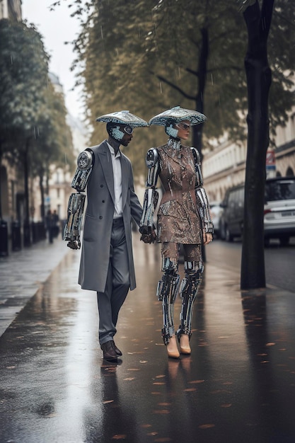 Generative KI-Illustration eines verliebten Roboterpaares mit künstlicher Intelligenz, Mann und Frau, gekleidet in trendigen Anzügen mit Sonnenbrille, Hut und Regenschirm, die durch die Straßen gehen