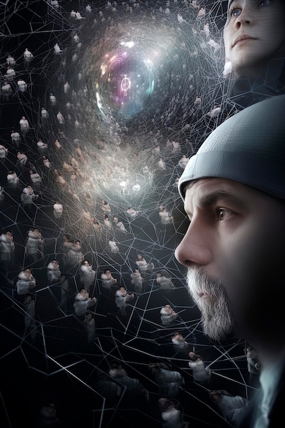 Generative KI-Illustration Hintergrund von Menschen und der Welt aus der Sicht eines KI-Neuronalen Netzwerks
