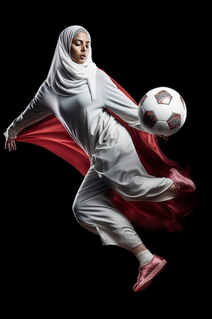 Generative KI-Illustration junger arabischer Mädchen in Djellaba und Hijab, die Fußball spielen