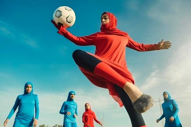 Generative KI-Illustration junger arabischer Mädchen in Djellaba und Hijab, die Fußball spielen