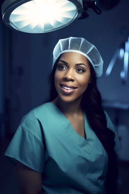 Generative KI-Illustration schöner junger schwarzer Chirurginnen in einem Operationssaal eines Krankenhauses