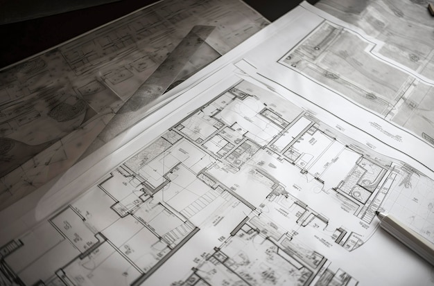 Generative KI-Illustration von Architekturplänen, Zeichnungen, Bleistiftskizzen, Papiertexturen, Buchseiten, Grundrissen