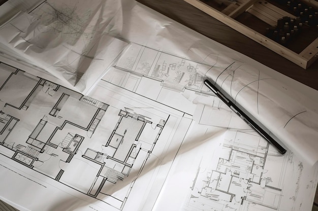Generative KI-Illustration von Architekturplänen, Zeichnungen, Bleistiftskizzen, Papiertexturen, Buchseiten, Grundrissen