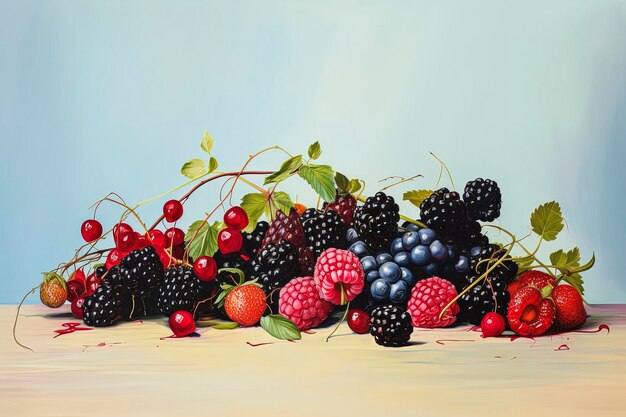 Generative KI-Illustration von gesunden Waldobstern, Blaubeeren, Brombeeren, Beeren, Johannisbeeren in bunten Illustrationsstilen