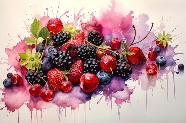 Generative KI-Illustration von gesunden Waldobstern, Blaubeeren, Brombeeren, Beeren, Johannisbeeren in bunten Illustrationsstilen