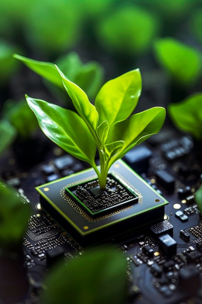 Generative KI-Illustration von grünen kleinen Pflanzen, die auf einem Computerchip wachsen und die Gentechnik darstellen