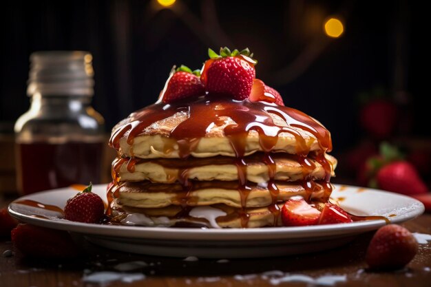 Generative KI-Illustration von hausgemachten süßen Pfannkuchen mit Erdbeeren und Sirup auf dunklem Hintergrund Süße Wüste