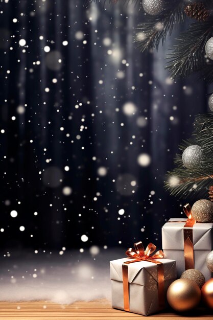Generative KI-Illustration von in glänzendem Papier verpackten Geschenkboxen mit Schleife zu Weihnachten vor dem Hintergrund defokussierter Lichter Weihnachtskonzept