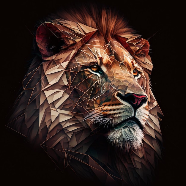 Generative KI-Illustration von kreativen Löwen aus bunten geometrischen Formen auf dem Hintergrund Führermut starker und mutiger majestätischer Löwe