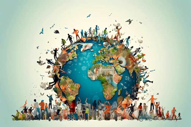Generative KI-Illustration von Menschen aus der ganzen Welt, die die Bewegung zum Schutz des Planeten vereinten
