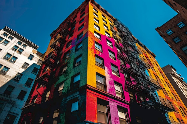 Generative KI-Illustration von New Yorker Gebäuden von unten in leuchtenden Farben