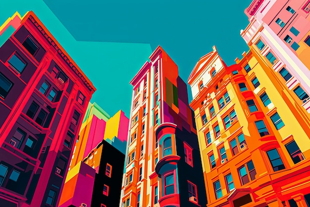 Generative KI-Illustration von New Yorker Gebäuden von unten in leuchtenden Farben