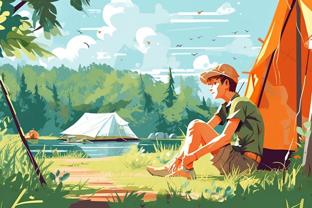 Generative KI-Illustration von Pfadfindercamping im Sommer mit Zelt und schöner Sonne Glücklicher Pfadfinger, der in der Nähe des Zeltes sitzt, Camping und im Freien