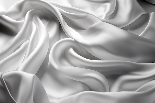 Generative KI-Illustration von reinweißem Satinstoff, der in der Luft schwebt, von oben mit Bewegung auf weißem Hintergrund