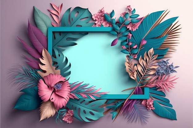 Generative KI-Illustration von tropischen Blättern und Blumenrahmen mit Kopierraum