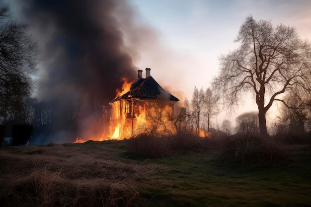 Generative KI-Illustration von Wald und Dorf bei einem großen Sommerbrand aufgrund mangelnder Regenschutzmaßnahmen gegen den Klimawandel